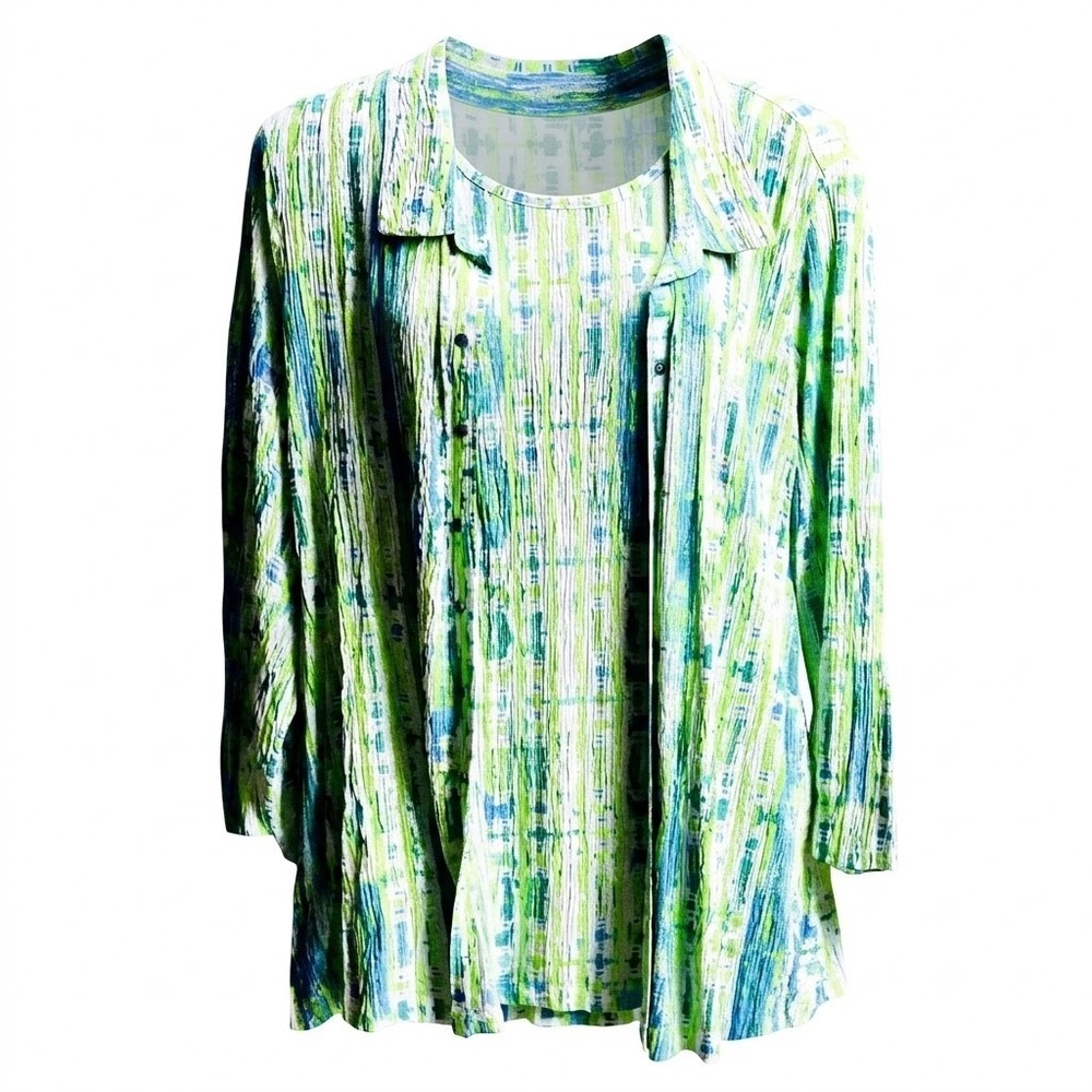 NEW Ali Miles Women's 2X 2‎ Piece Shirt Tank Set Blue Green Abstract